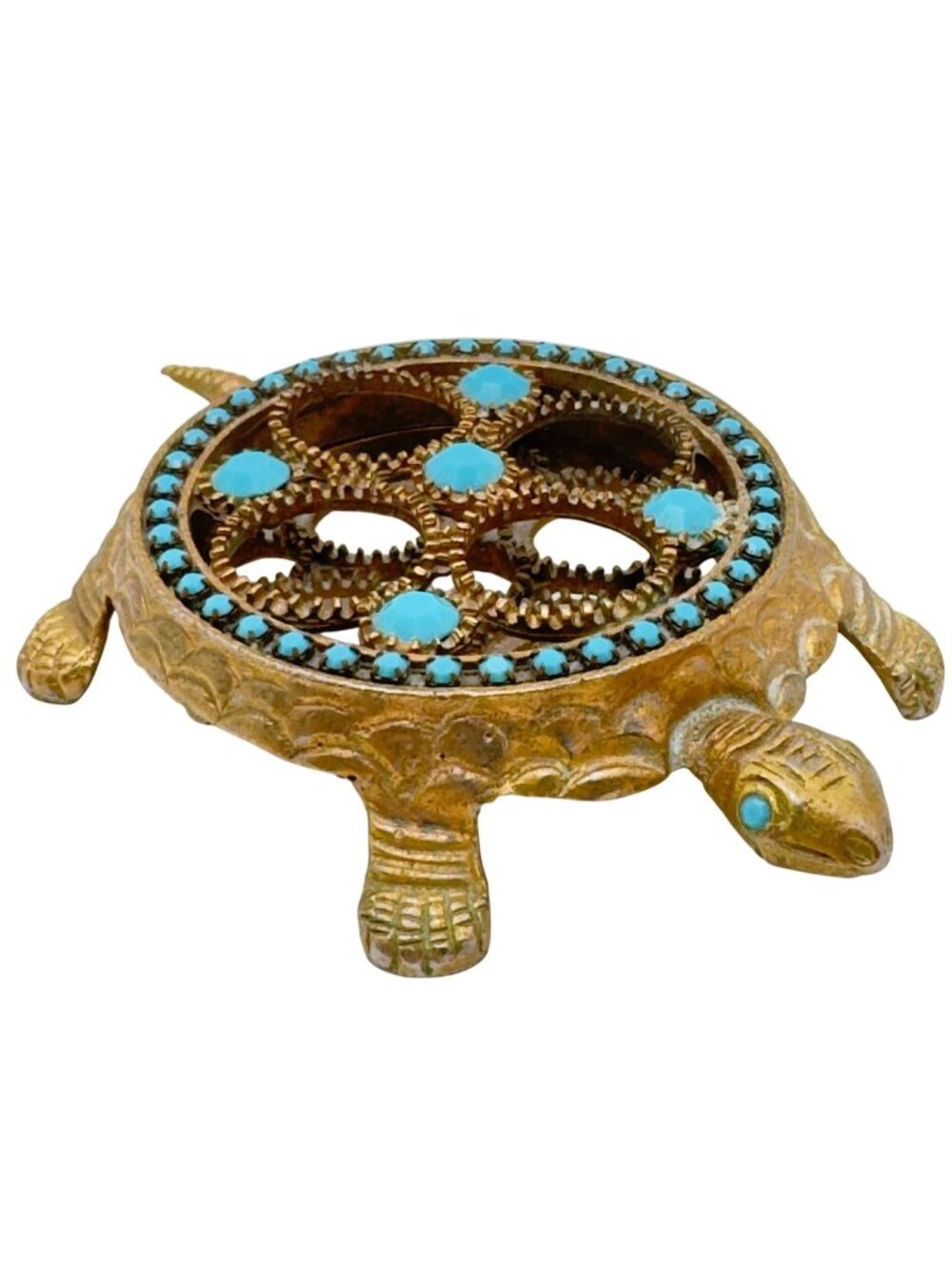 Brass Turtle Vtg Lipstick Holder Turquoise Stones Hollywood Regency Style